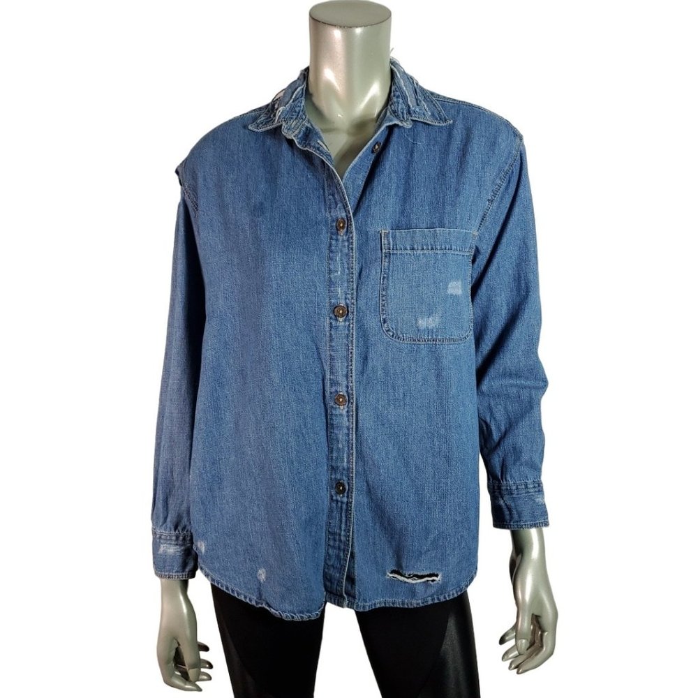 Zara Distressed Denim Shirt Size‎ S Button Up Pocket Long Sleeve Collared Blue